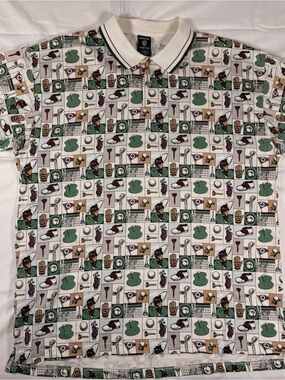 1997 Warner Bros. White Polo Shirt with Green, Tan & Purple Sports Print
